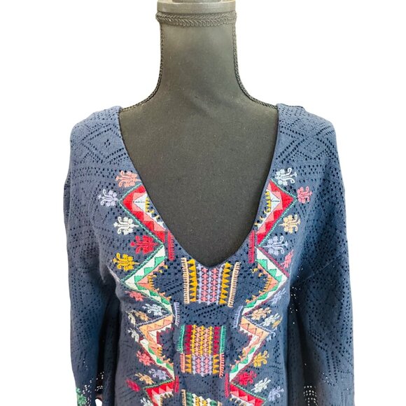Judith March Boho Hippie Embroidered V-Neck Dress S Navy Bat Wing Sleeves Mini - Picture 2 of 10